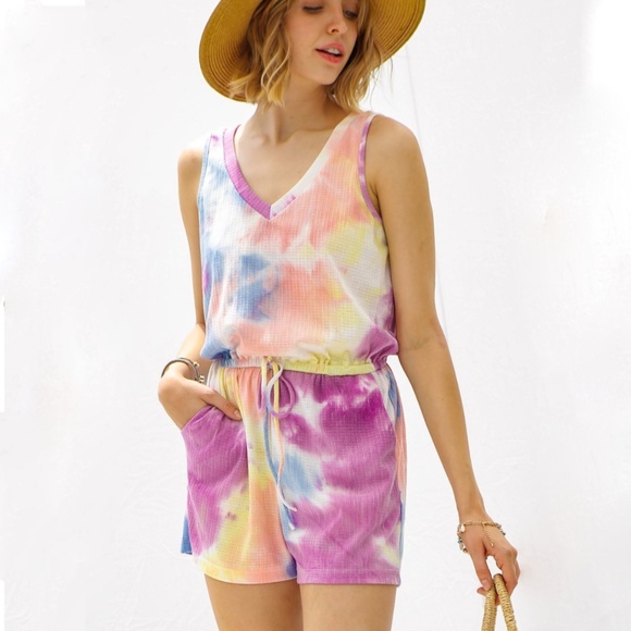 My Story Pants - My Story Women's Purple Pink Tie Dye Summer V-Neck Drawstring Romper